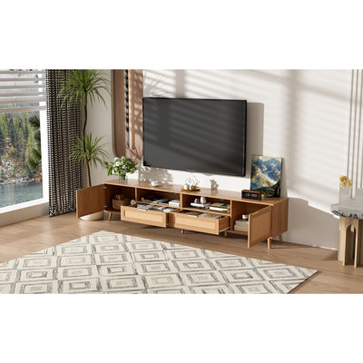 Meuble télé en rotin pour téléviseur de 90 po ou moins, console multimédia de style campagne moderne, centre de divertissement avec pieds en bois massif, meuble télé pour salon, chambre à coucher