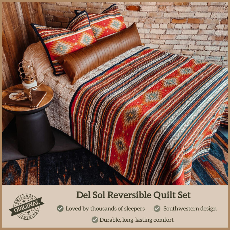 Del Sol Red/Orange/Tan Aztec Print Cotton Southwestern Style Reversible Quilt Set, Queen Quilt + 2 Shams