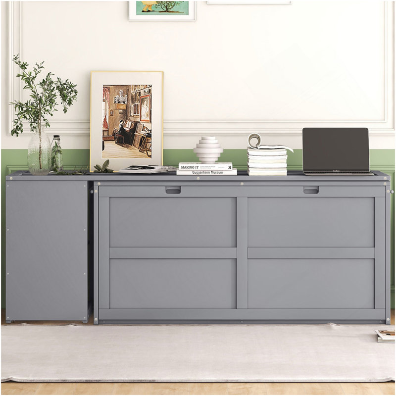 Grand lit escamotable avec bureau rotatif, gris