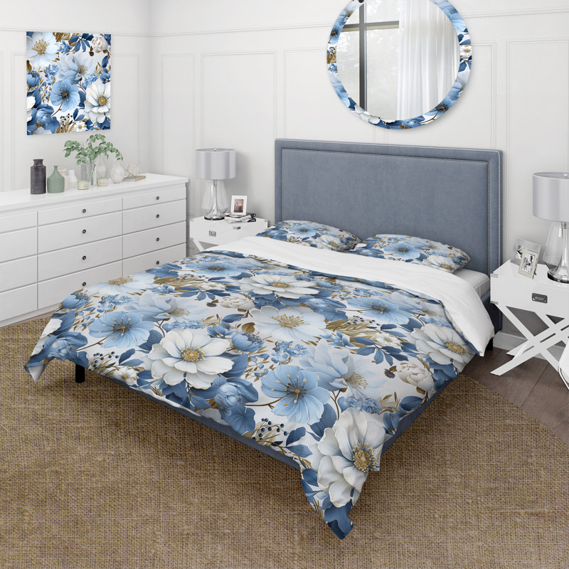 Literie Serene Blue Garden, Housse de couette simple + 1 taie décorative stan