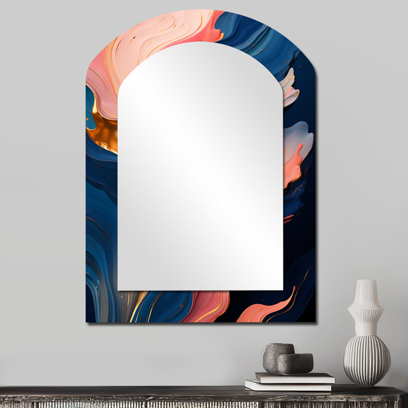 Pink and Gold Liquid Ink Abstraction  V - Liquid Ink Asymmetrical Large Mirror, Modern Arch Decorative Wall Mirror, Printed Metal Art