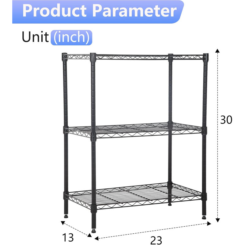 Étagère métallique à 3 niveaux - Étagère réglable en métal de 13 po x 23 po x 30 po H avec pieds de nivellement, capacité de 450 lb, certifiée NSF pour la cuisine, la salle de bain et le placard (noir)