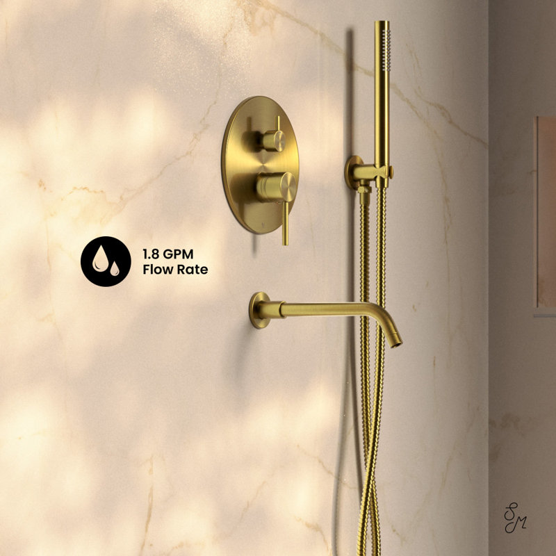 Ivy 1.8 GPM Wall Mount Fixed Shower Head With Hand Sprayer And Tub Filler, Valve Included, Brushed Gold