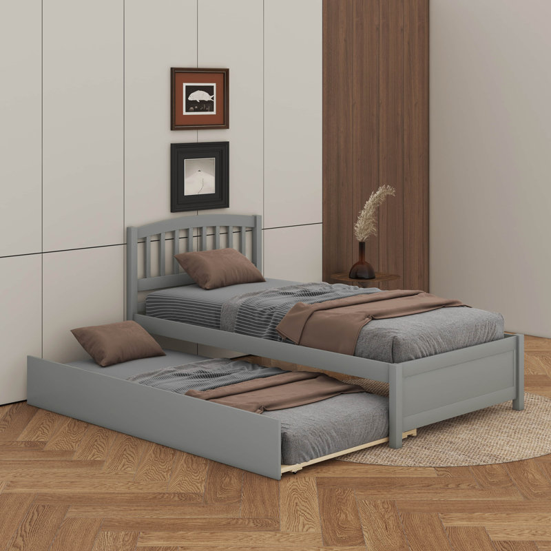 Twin Size Platform Bed Wood Bed With Trundle, Gray