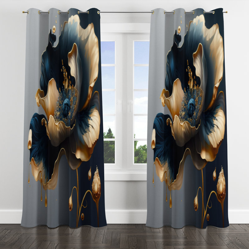 Rideau simple occultant avec œillets à motif floral bleu foncé et or foncé II, l 52 po x L 90 po, Œillets dorés