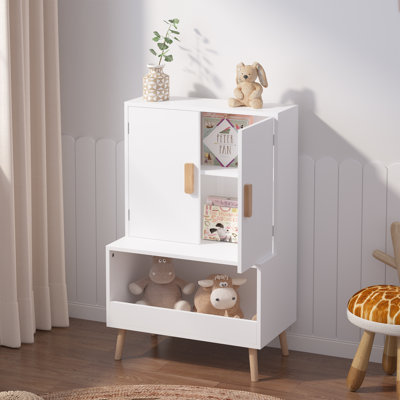 Kids Toy Storage Organizer Cabinet With Doors & Open Shelves, White Modern Wood Bookcase With Natural Wood Legs For Playroom, Nursery, Bedroom, Toddle by George Oliver