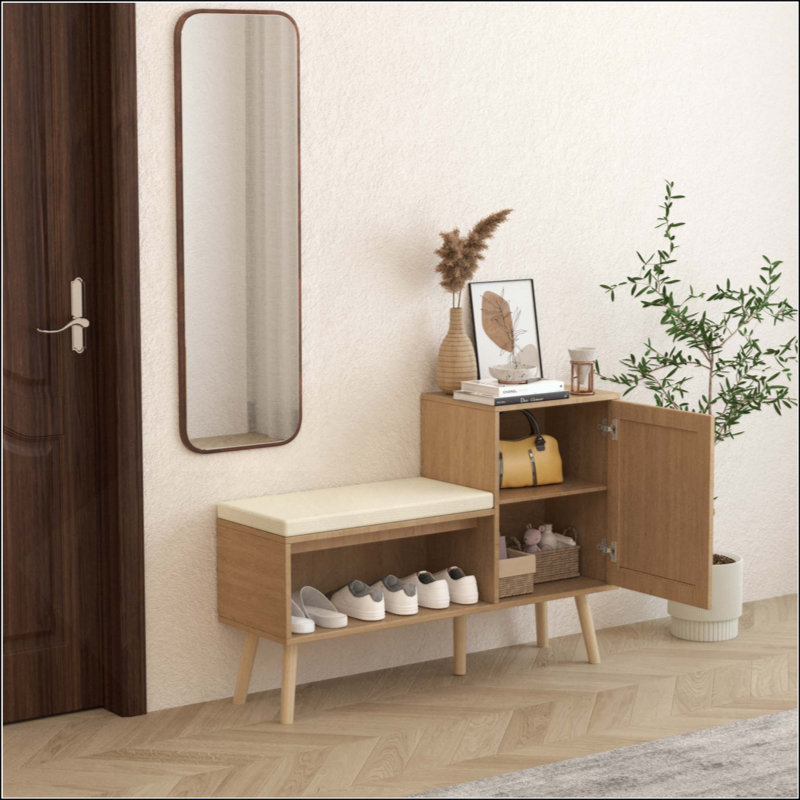 Banc de rangement pour chaussures 2 en 1, armoire à chaussures d'entrée en faux rotin avec tablettes à plusieurs niveaux, coussin de siège amovible et lavable, range-chaussures moderne pour chambre à coucher dans le couloir