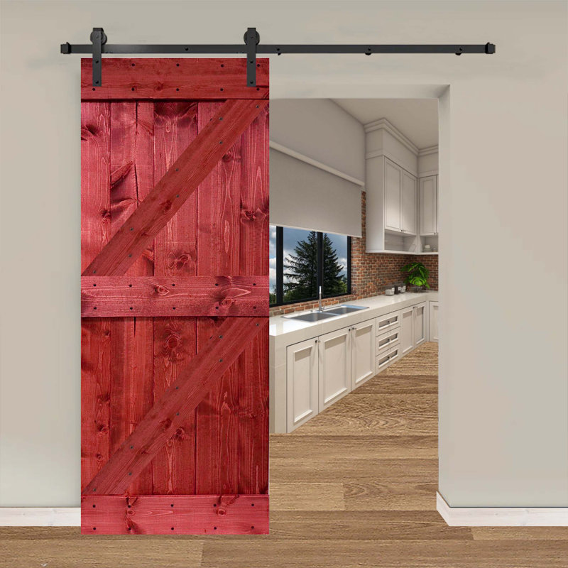 Porte de grange coulissante en bois de pin avec trousse de quincaillerie d'installation, Rouge cerise, 36 po x 84 po
