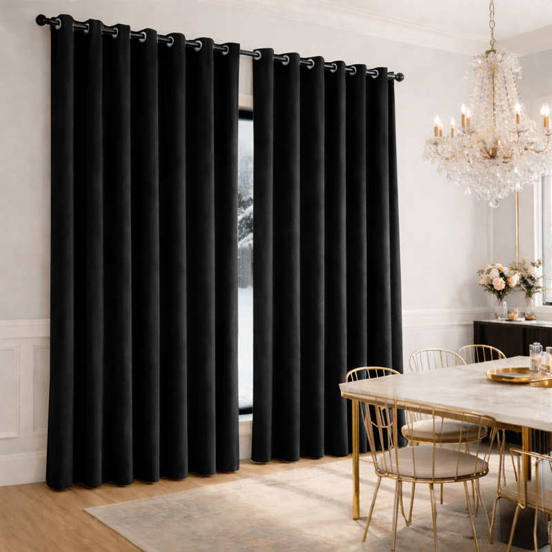 Heavy Velvet Eyelet Ready Made Thermal Drapes & Curtains, 168cm Width x 183cm Drop, Black