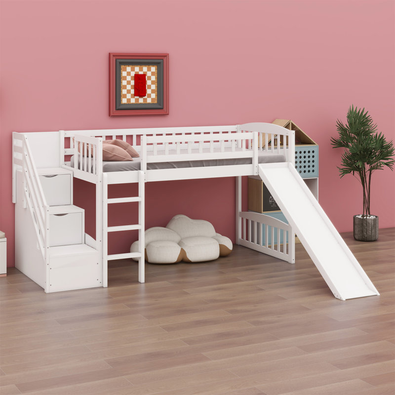 Lit mezzanine avec escalier et glissade, Blanc