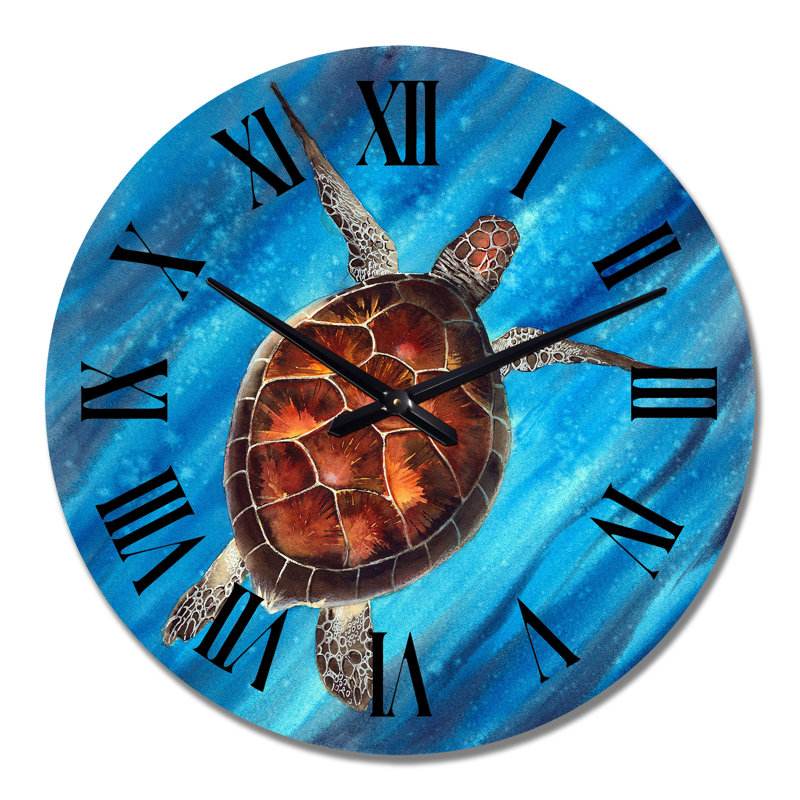 Tortue de mer colorée nageant en bleu - Horloge murale nautique et côtière, Grand