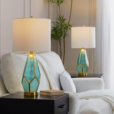 Stylish And Turquoise Glass Table Lamps With Linen Shades, Perfect For Adding Glamour To Any Room - Set Of 2