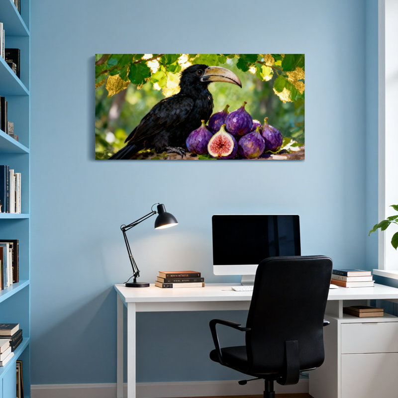 Animaux toucan perchés avec des figues et des feuilles, H 16 po x l 32 po