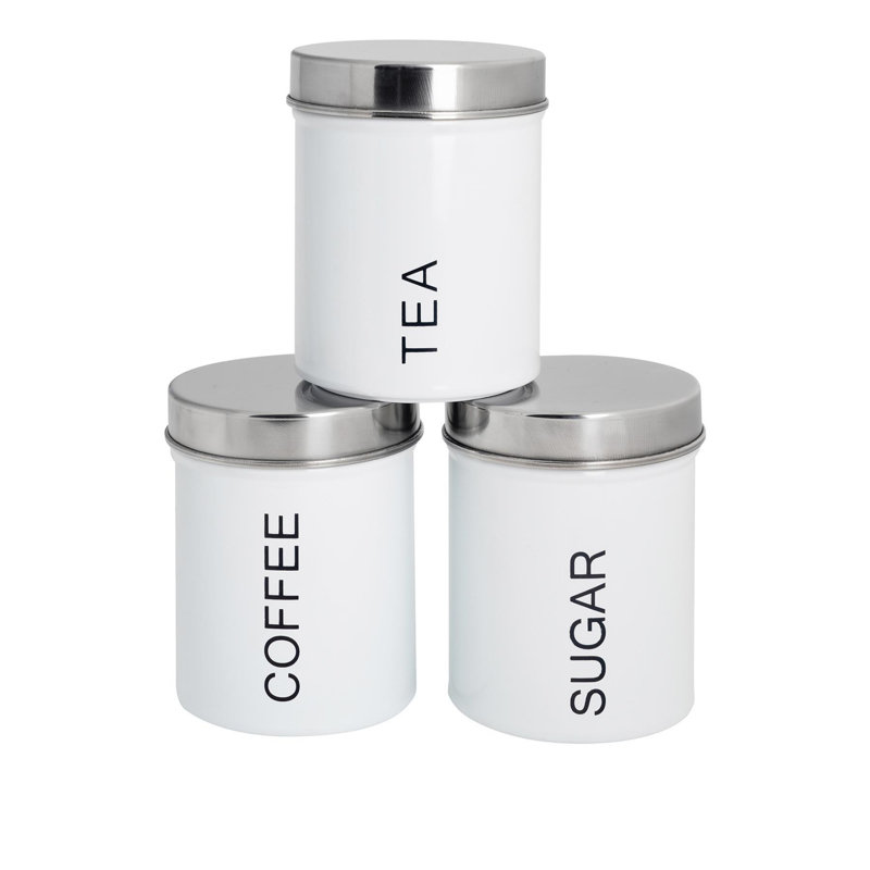 Harbour Housewares - Round Metal Kitchen Tea Coffee Sugar Canisters, White/Chrome