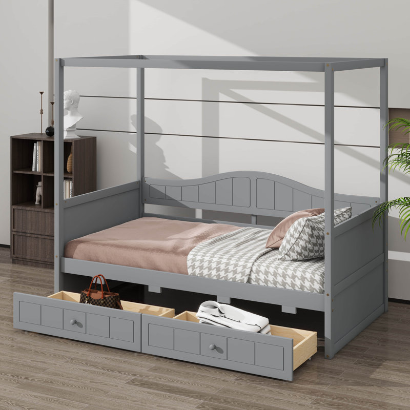 Lit plateforme simple en bois avec auvent et deux tiroirs, tête de lit incluse, Gris