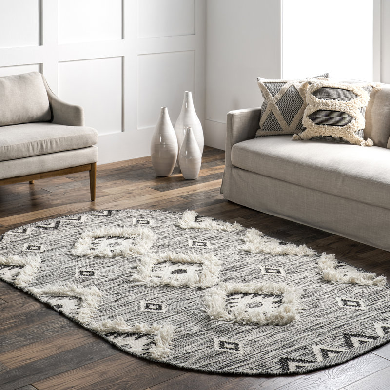 Tapis gris en laine noué à la main à motif de treillis marocain à frange Adi, Ovale 5 pi x 8 pi