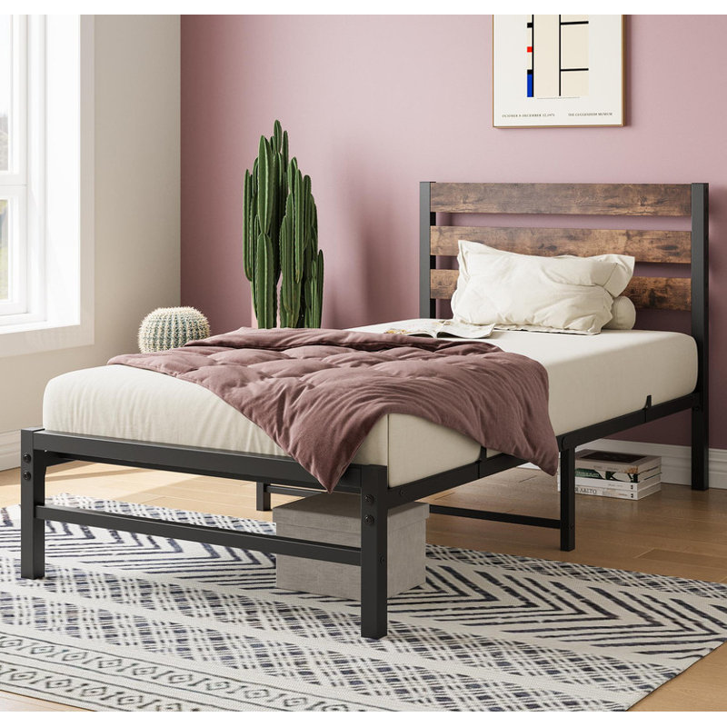 Platform Bed with Rustic Wood Headboard Metal Bed Modern Bed, Twin, Brown