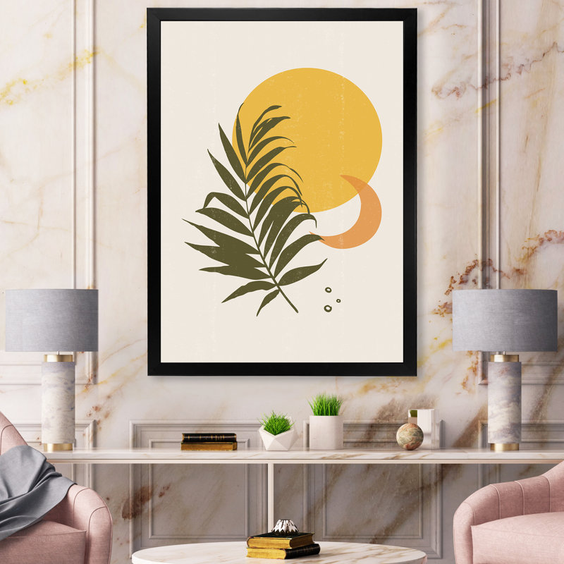 Abstrait soleil jaune et lune avec feuille tropicale I - impression sur toile, H 20 po x l 12 po x P 1,5 po