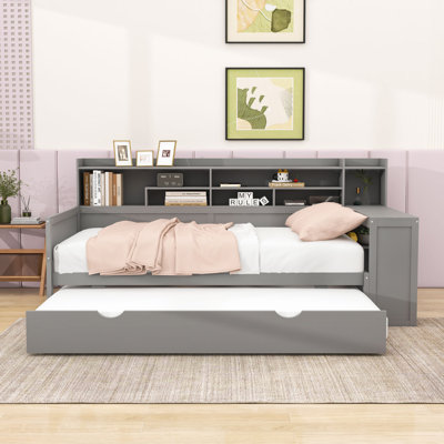 Wooden Daybed with Trundle and Shelves