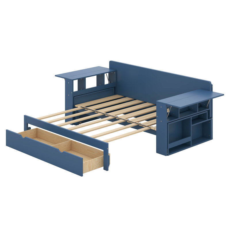 Lit de jour double avec bureau amovible, structure de lit de jour en bois avec tiroirs de rangement et table d'appoint hydraulique pour le salon, la chambre à coucher