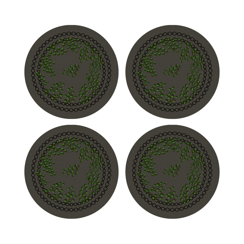 Christmas Berries Vegan Leather Round Pebble Placemat, Anthracite Green