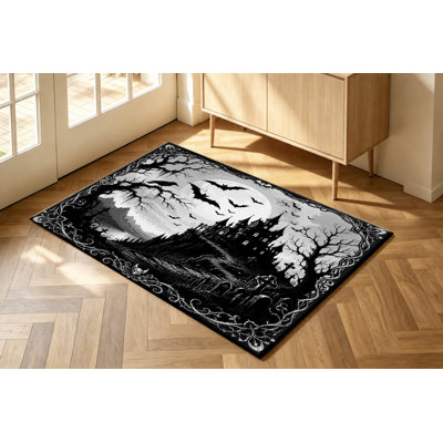 Tapis d'intérieur à thème Halloween, motif de château gothique chauves-souris et lune, antidérapant, idéal pour le salon, la chambre, l'entrée, la cuisine, le balcon ou un appartement.