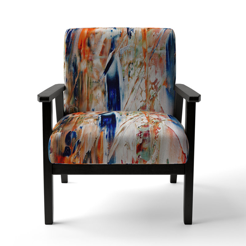 Colorful Abstract Painting Strokes II - Upholstered Modern Accent Chair and Arm Chair, Blue/Beige/Orange, Black Square Arms