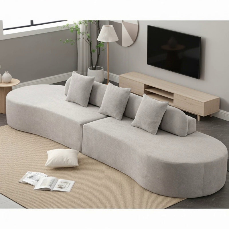 Canapé combiné moderne incurvé avec tissu éponge, design minimaliste pour le salon, aucun assemblage requis, comprend trois coussins, gris