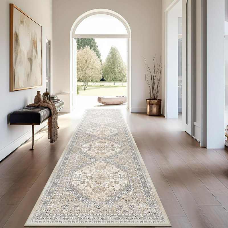 Tapis lavable antidérapant Medallion (beige), Tapis de couloir 2 pi x 12 pi
