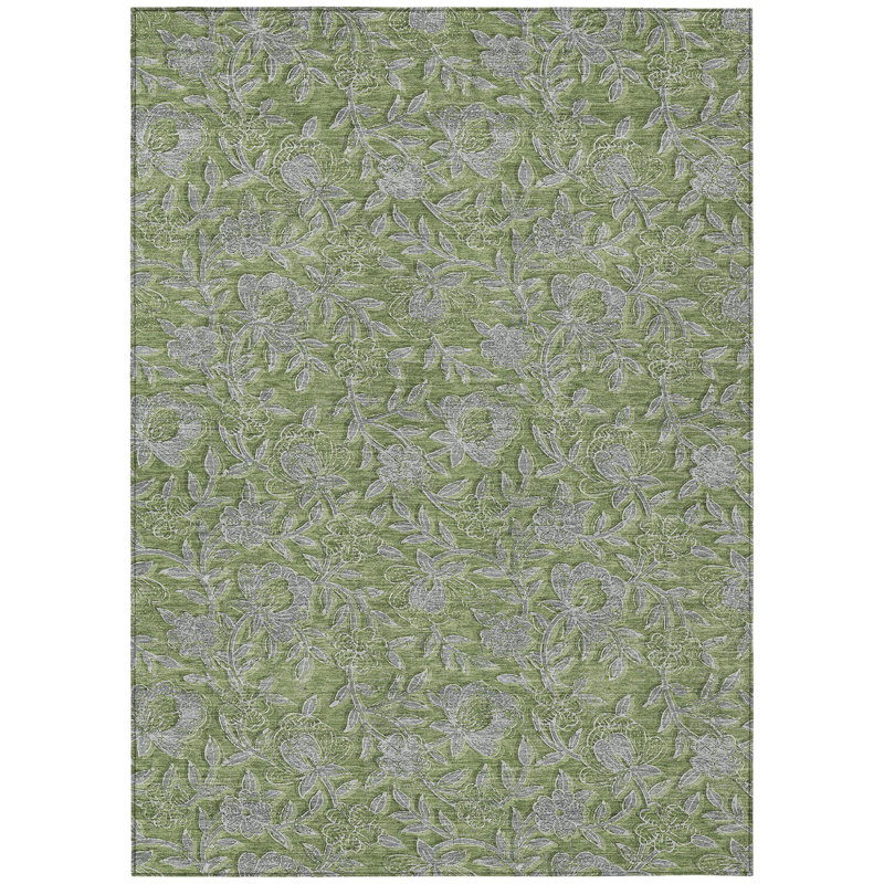 Tapis extérieur lavable floral vert olive et gris 3 pi x 5 pi