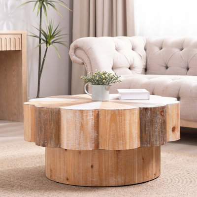 Table basse rustique en bois manufacturé en forme de fleur, table de centre rétro vieillie pour des salons confortables