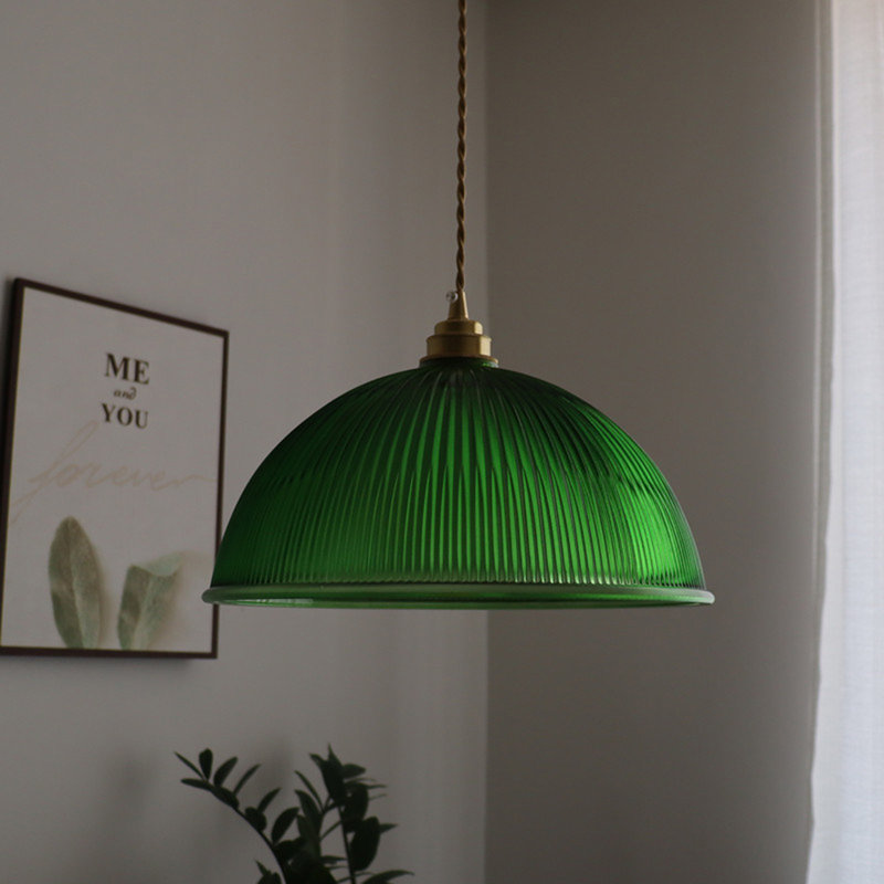 Antique Brass Dome Ribber Glass Pendant Light, Green
