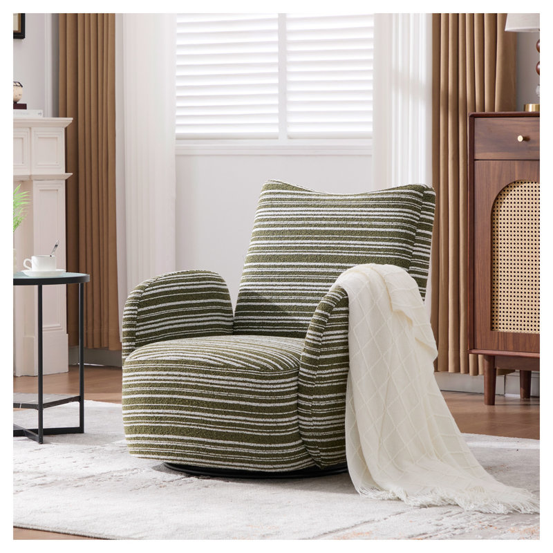 Fauteuil d'appoint pivotant vert olive Olive | Fauteuil demi-tonneau moderne en tissu rayé pour le salon et la chambre à coucher