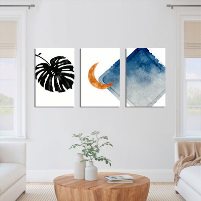 «Tropical Monstera Leaf and Moon», reproduction d'art sur toile tendue sur toile, ensemble de 3