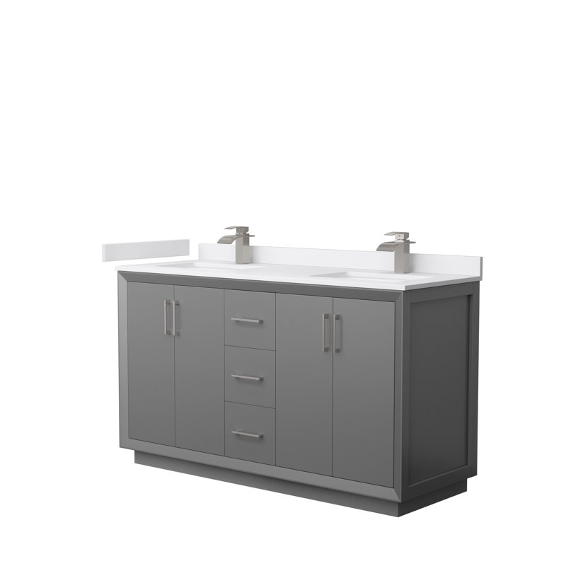 Ensemble de meuble-lavabo double 60 po Strada, Gris foncé, Nickel brossé, Marbre de culture de Carrare