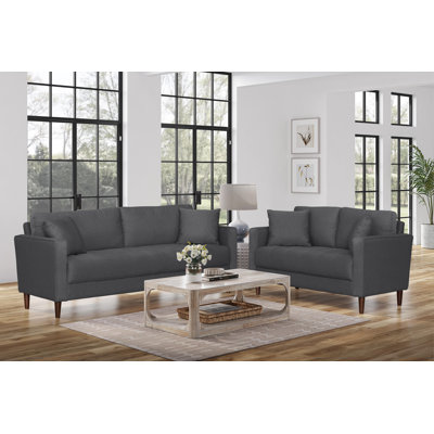 Contemporary Sofa Set 2Pc Gray Sofa Love Seat Fabric Upholstered Plush Cushion Tufted Detail Living Room Furniture