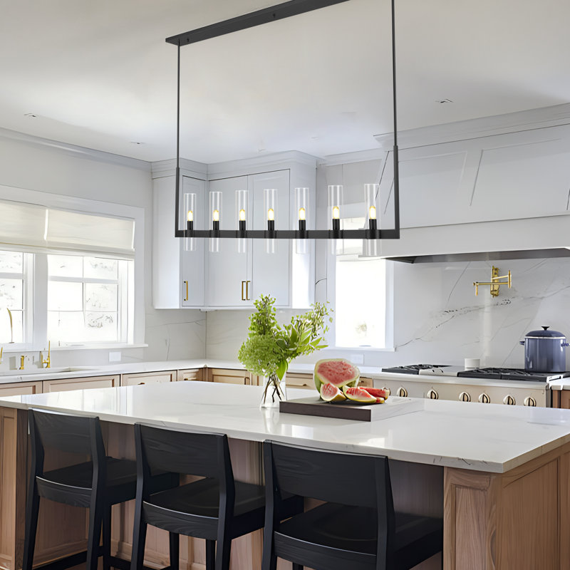 7 - Light 55" W Dimmable Modern Linear Kitchen Island Chandelier, Matte Black