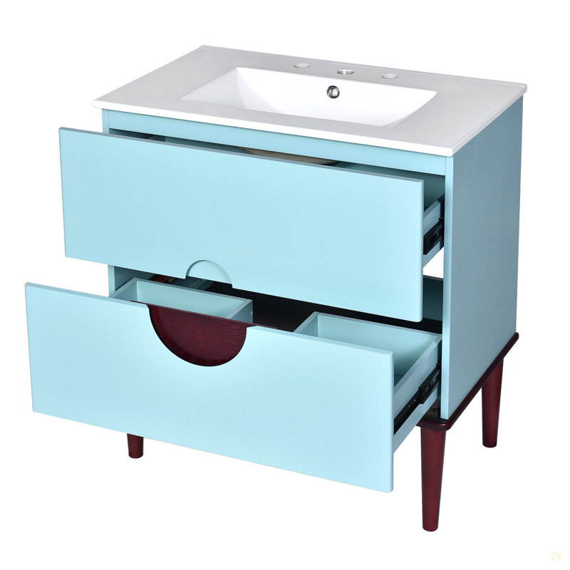Ensemble de meuble-lavabo 30 po avec lavabo en céramique, meuble de rangement moderne à 2 tiroirs avec cadre en bois massif