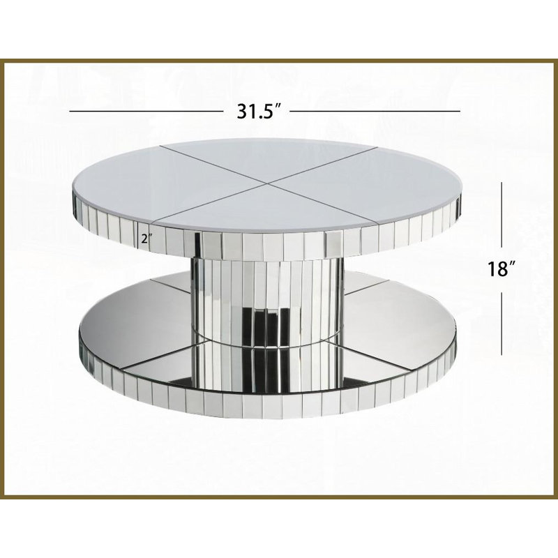 Table basse ronde avec miroir Light Luxury - table de bout à double fonction de 31,5 po de diamètre avec base cannelée en verre