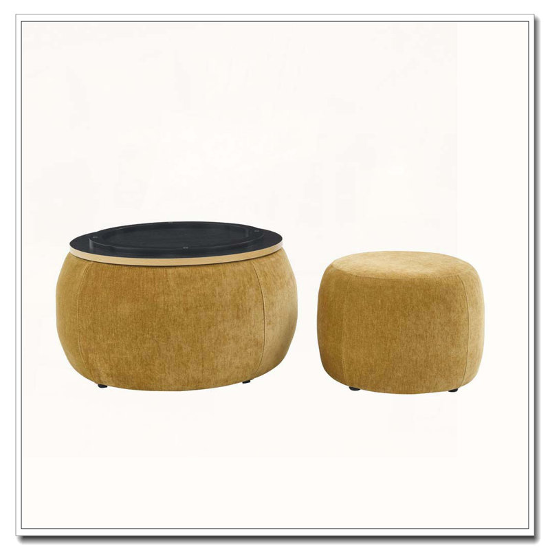 2-Piece Set Round Chenille Storage Ottoman, Equipped with a Drum Shaped Small Stool, Dark yellow