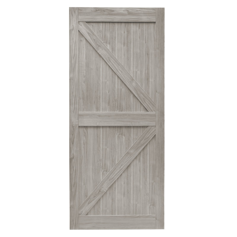 Porte de grange en panneaux à conception en K avec finition en bois manufacturé sans quincaillerie d'installation, Gris
