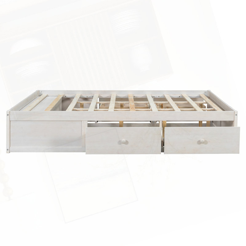 Base de lit plateforme moderne avec tiroirs et rangement au pied de lit, sans tête de lit, Armoire, Blanc
