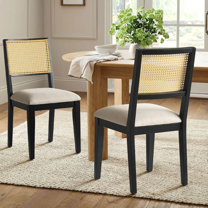 Chaises de salle à manger Cane avec pieds en bois massif, Noir mat