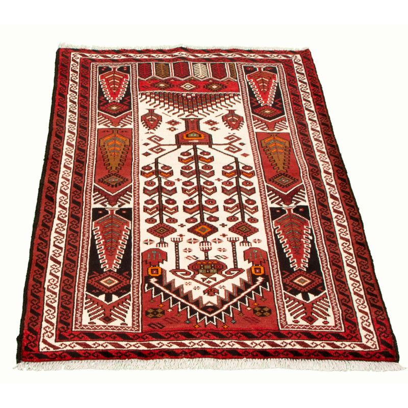 Tapis rouge / crème en laine noué à la main