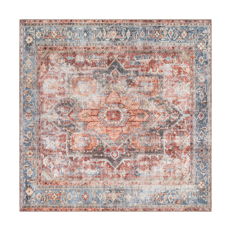 Alice Machine Washable Oriental Flatweave Performance Red/Blue/Ivory Multi Area Rug, Square 6'7"