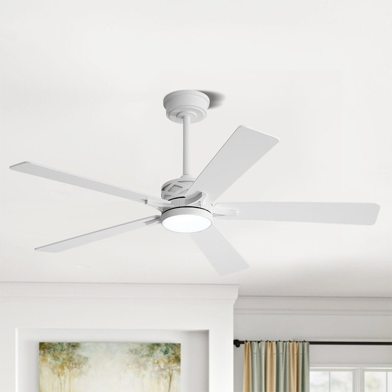 Ventilateur de plafond d'intérieur à 5 pales Portico avec ensemble d'éclairage et télécommande, 52", Blanc, Blanc