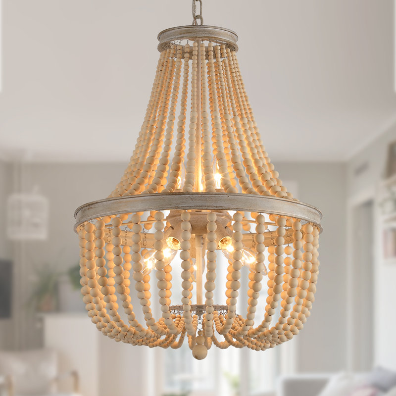 Boho Farmhouse Wood Beaded Chandelier , UL Listed 8-Light Natural Beaded Ceiling Light Fixture for Dining Room, Living Room, Bedroom, Foyer