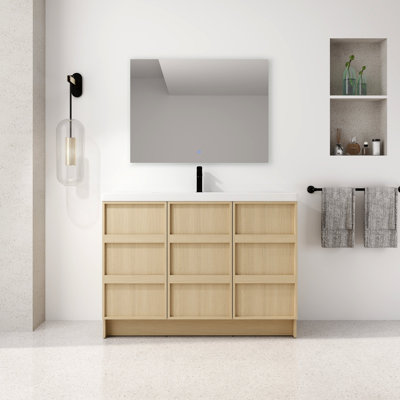 Meuble-lavabo autoportant de 48 po avec lavabo en résine et 3 portes d'armoire à fermeture en douceur, contreplaqué (KD-PACKING)