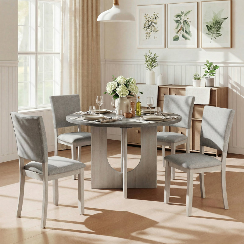 Ensemble de table de salle à manger 5 pièces avec 4 chaises rembourrées et plateau de table rond en bois massif de 47,3 po