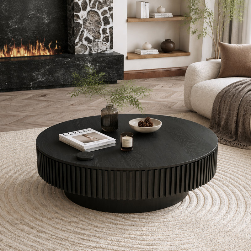 Table basse ronde avec rangement Table basse moderne en placage de bois massif, L 39,37 po, Noir